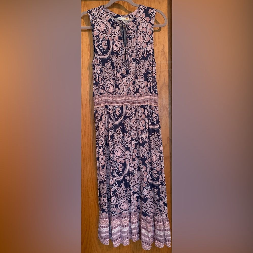 C&C California Blue & Pink Maxi Sundress Tie Neck